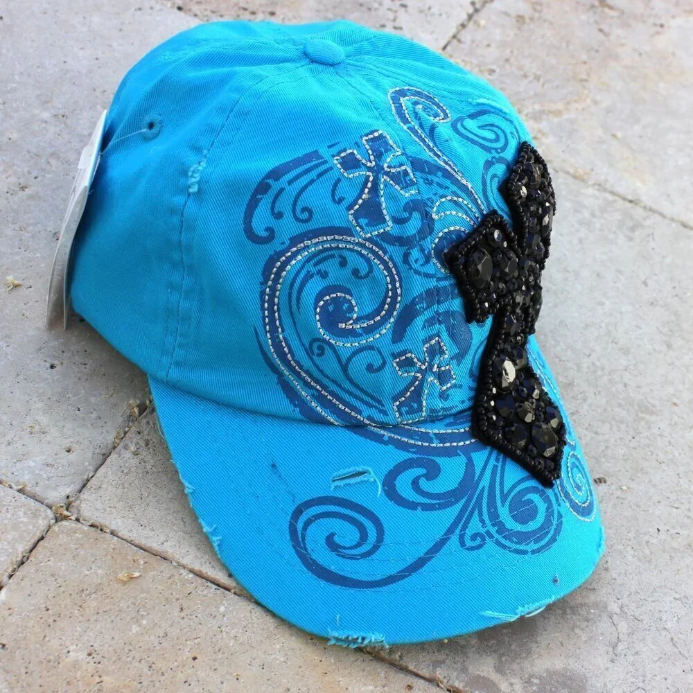 Women Blue Inspirational Cross Rhinestone Crystal Cap Hat Stud Decorative Cotton